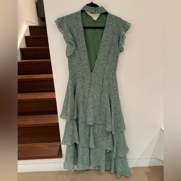 Mikael Aghal green long tiered dress, high neck - Picture 2 of 4